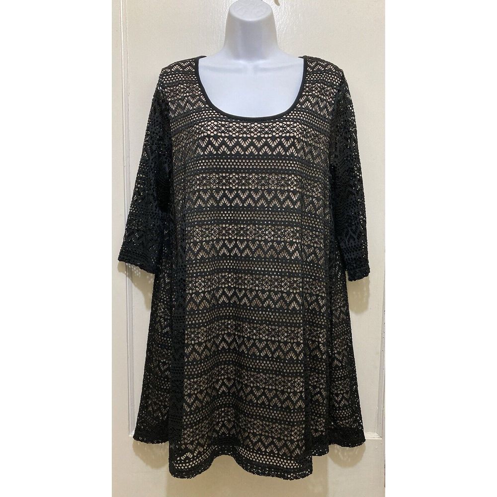 Umgee Crochet Dress Size M‎ Black Overlay Lined Shift Tunic Bohemian Preppy